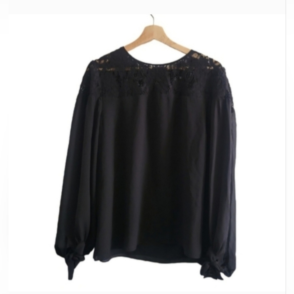 MELANIE Lyne Black Lace Yoke Chiffon Blouse Victorian-inspired Sz 14 Romantic